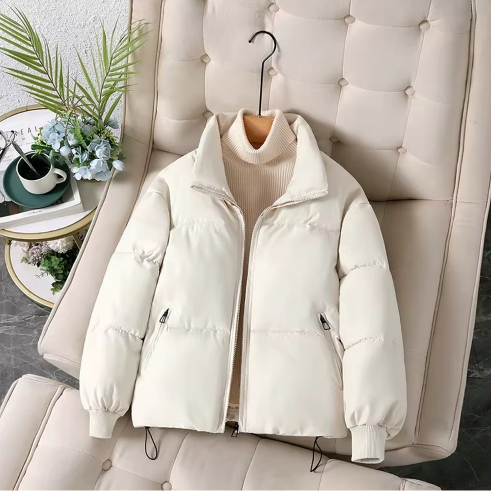 Winter Cream Cropped Puffer Jacket With a Stand up Collar.
